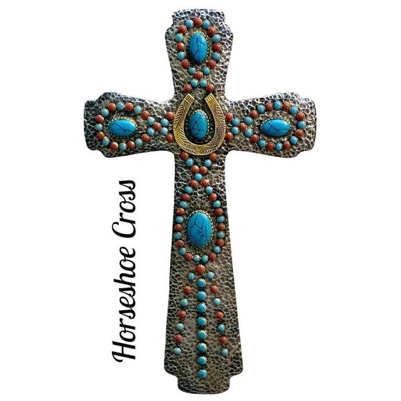 NWOT Montana West 14” Rustic Southwestern Turquoise Accent Horseshoe Wall Cross - Picture 1 of 8